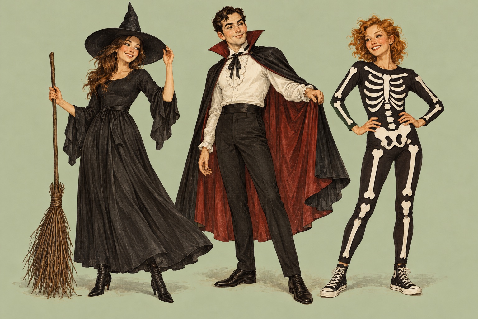 Illustration of a witch, vampire, and paper skeleton costume