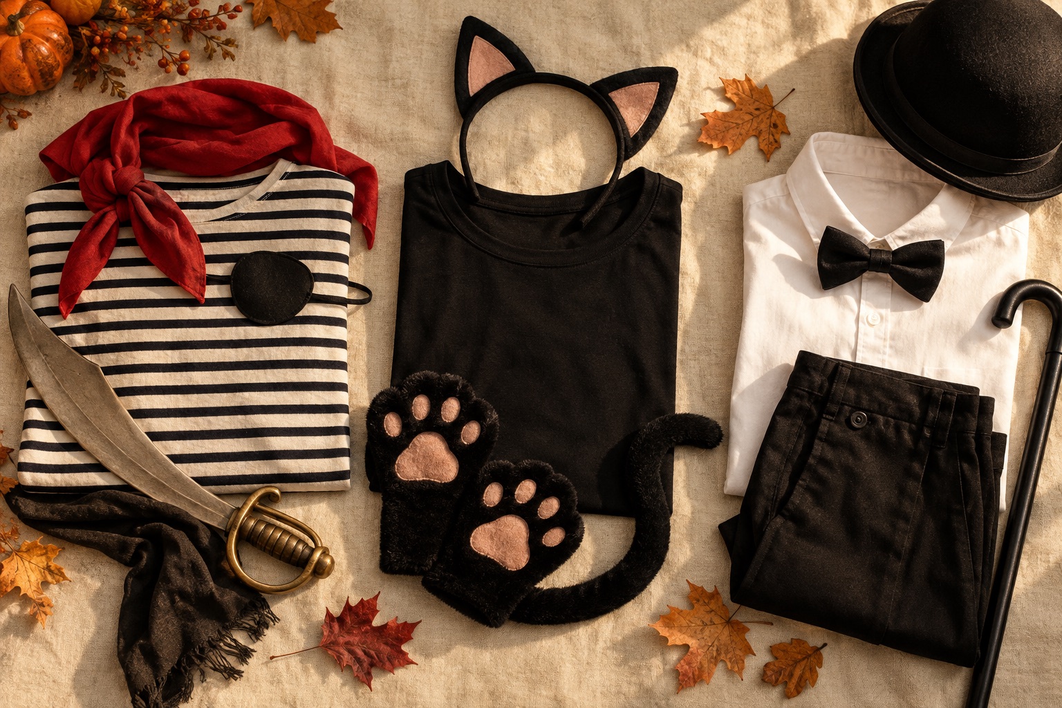 Illustrative flat lay of everyday clothes and simple costume accessories