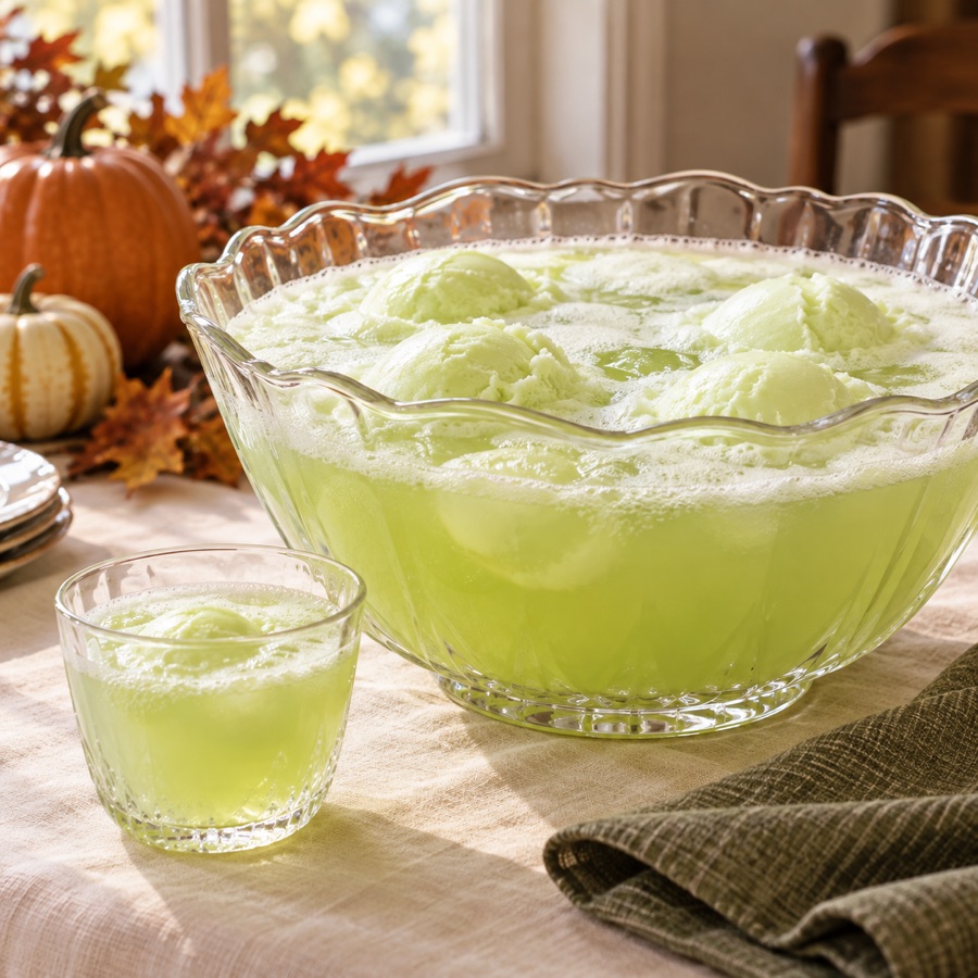 AI illustration of a green sherbet punch in a glass bowl